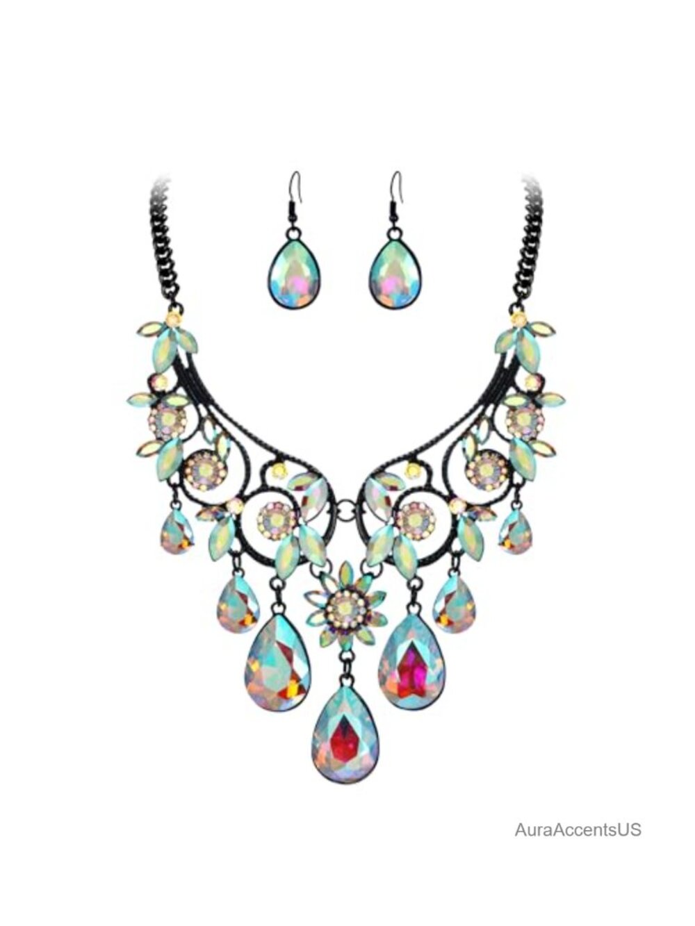 Austrian Crystal Ethnic Jewelry Set Necklace & Pierced Earrings
